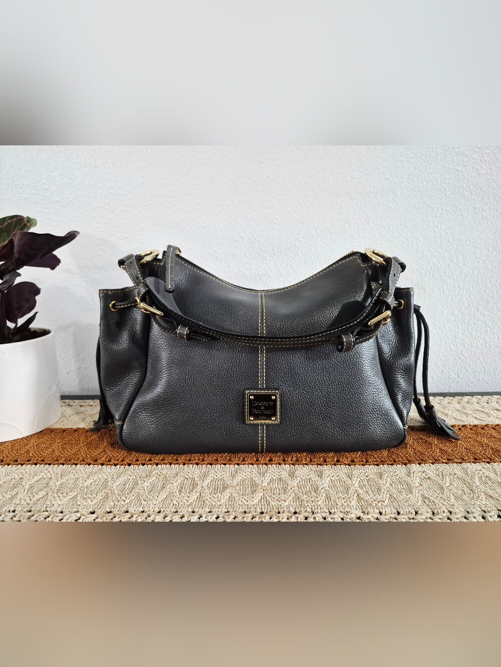 Dooney & Bourke Dark Charcoal Gray Leather Side Pocket Tassel Hobo Bag